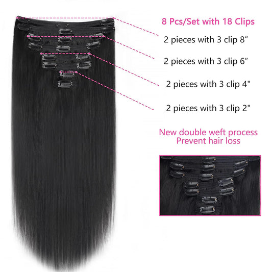 8pcs Brazilian Human Hair Clip-In Extensions Straight Natural Black Hair Extensions 100% Human Hair Clip-In with 18 Clips 120G