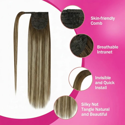Ponytail Extension Human Hair For Women Clip In Ponytail Hair Extension Straight Hair Pieces #4/27 Color Wrap Around Ponytail