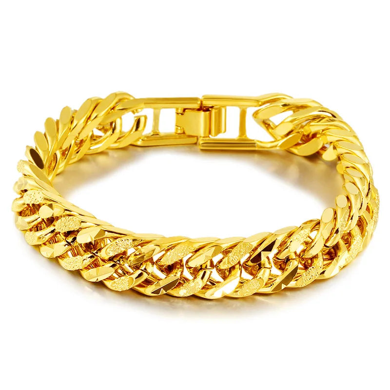 12MM 24K Pure Gold Color Bracelets for Men Women Chain Bracelet Bangles Wristband Pulseira Homme African Gold Jewelry Man Bijoux