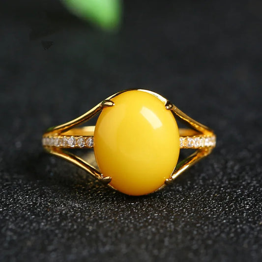 Cellacity Ethnic style Silver Jewelry Big Oval Yellow Amber Ring for Women Gemstones Opening adjustable Anniversary Gift