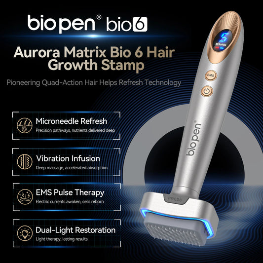 Bio Pen Bio6 Derma Stamp With 2 Roller Heads, LED Red/Blue Light, 5 EMS Levels, Microneedle Stamp 0.25 mm Needle length