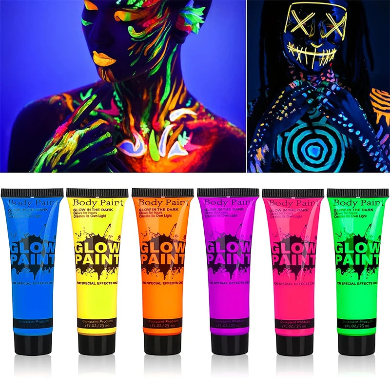 6PCS 25ml Fluorescent Paint Glow In The Dark Light Body Paint Face Painting for Party Halloween Event Makeup Club Makeup Xmas Gl
