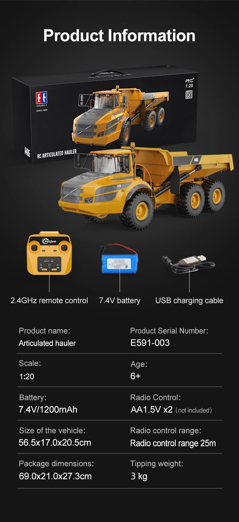 Double E E591 1/20 A40G RC Car Engineering Vehicle Kids Remote Controlled Articulated Dump Truck Toys for Boys Christmas Gifts