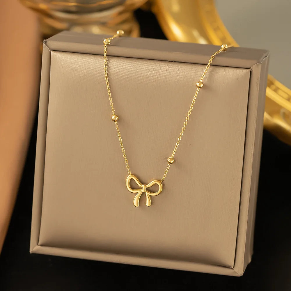 Simple Korean Stainless Steel Bowknot Necklace For Women Girls Delicate Bracelets Charm Choker Earrings Fashion Jewelry Set Gift