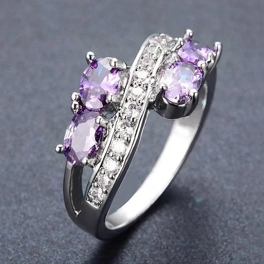 925 Sterling Silver Female Purple Round Zircon Stone Finger Engagement Ring Vintage Wedding Band Bridal Jewelry For Women