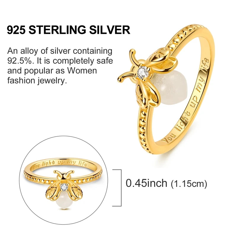 Original 925 Sterling Silver Sparkling Gold Plated Star Firefly Moon Ring For Women Girls Jewelry Birthday Anniversary Gifts