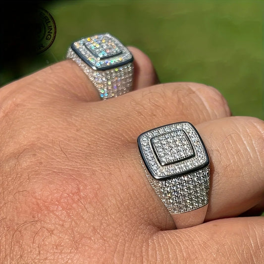 925 Sterling Silver Hip Hop Iced Out Ring for Men Cubic Zirconia Pave Statement Wedding Pinky Ring Luxury Jewelry