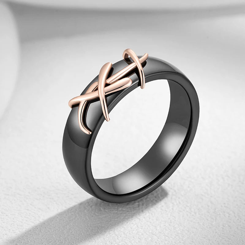 Kinel Fashion 585 Rose Gold Color Black Ceramics Ring For Women Creative Branches Accessories High Quality Daily Fine Jewelry