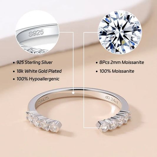 Pretty Beauty S925 Sterling Silver Moissanite Open Ring Wedding Band Gold Plated Trendy Jewelry Gifts for Women Birthday Party