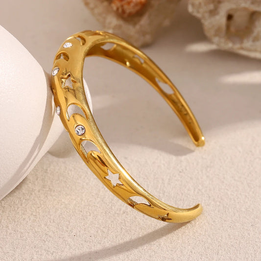 MamacitaSlay 316L Stainless Steel Star Moon Zircon Open Bracelet Party Waterproof 18K Gold Plated Jewelry Women's Charm Bracelet