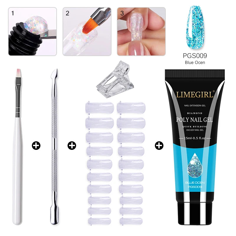 15ml Poly Nail Gel Complete Set for Nail Extension Glitter Solid Color Gel Polish Kit Quick Extension Gel Soak Nail Art DIY Nail