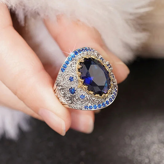 2026 Women's Bohemian Style Retro Exaggerated Texture Zircon Ring European And American Two Tone Accessory
