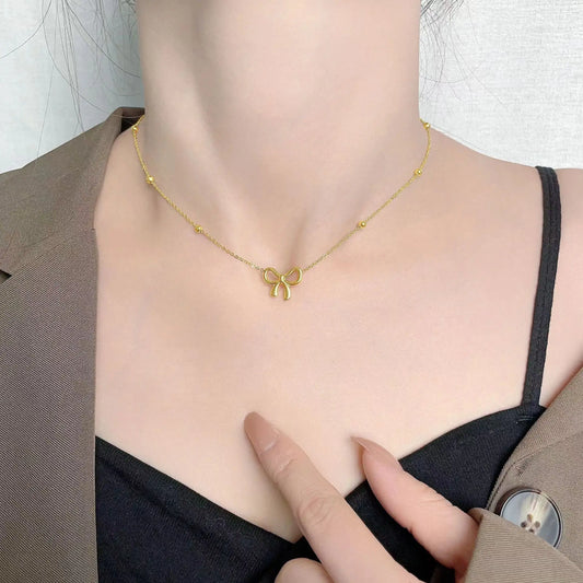 Simple Korean Stainless Steel Bowknot Necklace For Women Girls Delicate Bracelets Charm Choker Earrings Fashion Jewelry Set Gift
