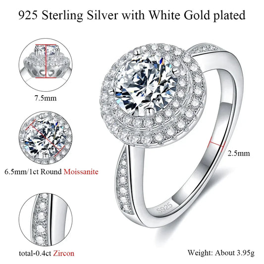 Pretty Beauty 1CT Round Moissanite Double Halo Engagement Ring for Women S925 Silver Wedding Promise Ring Anniversary Jewelry