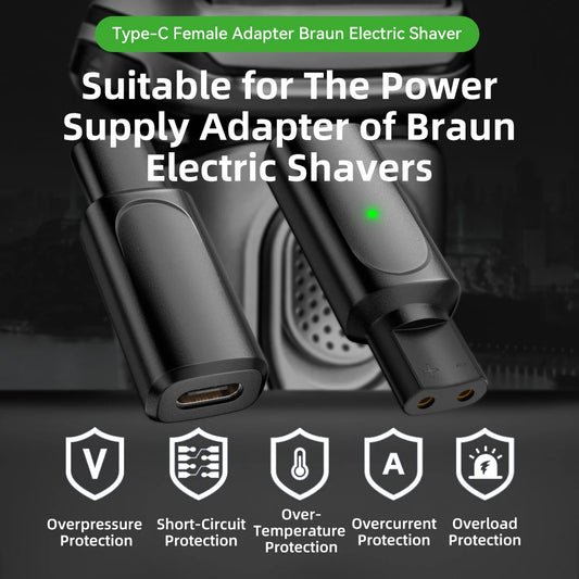 Brangdy 12V Type-C Shaver Adapter Charging Converter for Braun Series 3 / 5 / 7 / 9 300S 310S 320S 330S 340S Electric Shaver
