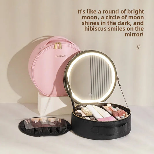 Travel PUMakeup Bag With Led Mirror, Portable Cosmetic Bag With Mirror And Light, Travel Rechargeable Makeup Bag With Led Lights