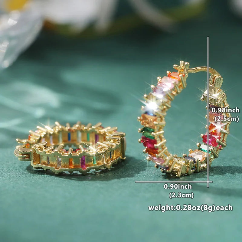 Luxury Gold Color Inlaid Multicolored Cubic Zirconia Copper Hoops Women's Earrings Party Earrings Woman Fashion Jewelry