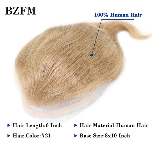 #21 Honey Blonde Fashion Human Hair Men Toupee Mono Lace PU Base Toupee For Men 6 Inch Short Back Straight Human Hair Mens Wig