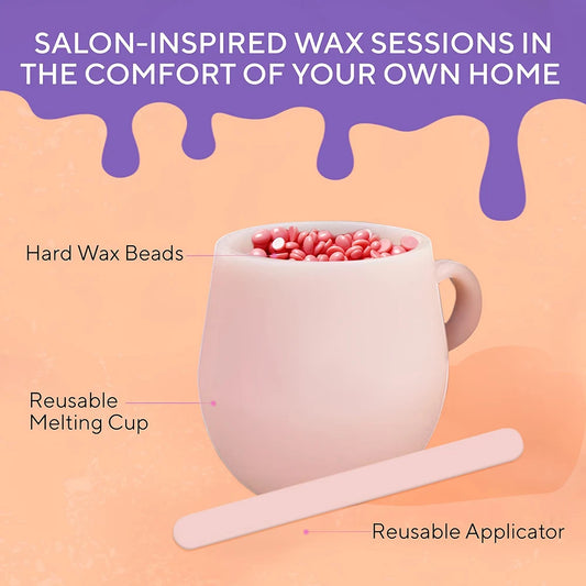 Viilife DIY At Home Microwave Waxing Kit Pink - Hard Wax Beads with Melting Cup & Applicator for Face & Body Hair Removal