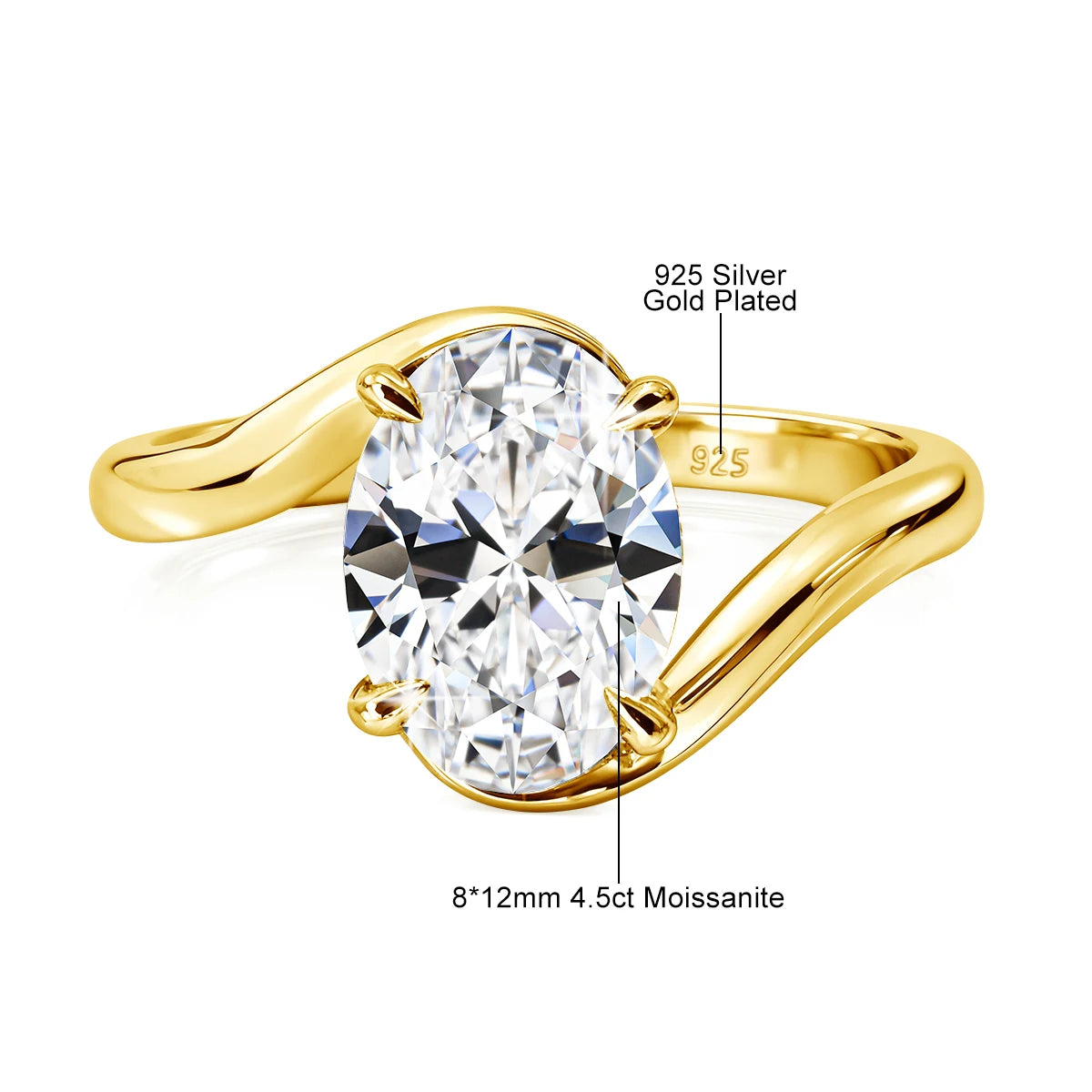 4.5ct Oval Cut Moissanite Solitaire Ring 14K Gold Filled Bypass Twist Shank Band D VVS1 Engagement Ring for Women Wedding Gift
