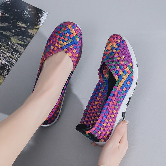 Women Flats Woven Shoes Slip On Summer Casual Loafers Lady Walking Sneakers Breathable Lightweight Tenis Handmade Shoes Soft