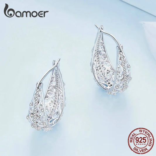 Bamoer 925 Sterling Silver Decorative Vine Hollow Pattern Hoop Earrings Waterdrop Shape Ear Buckles for Women Luxury Jewelry