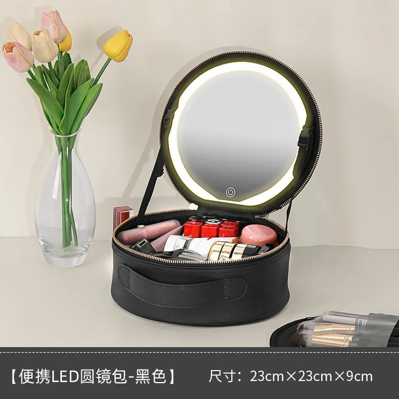 Travel PUMakeup Bag With Led Mirror, Portable Cosmetic Bag With Mirror And Light, Travel Rechargeable Makeup Bag With Led Lights