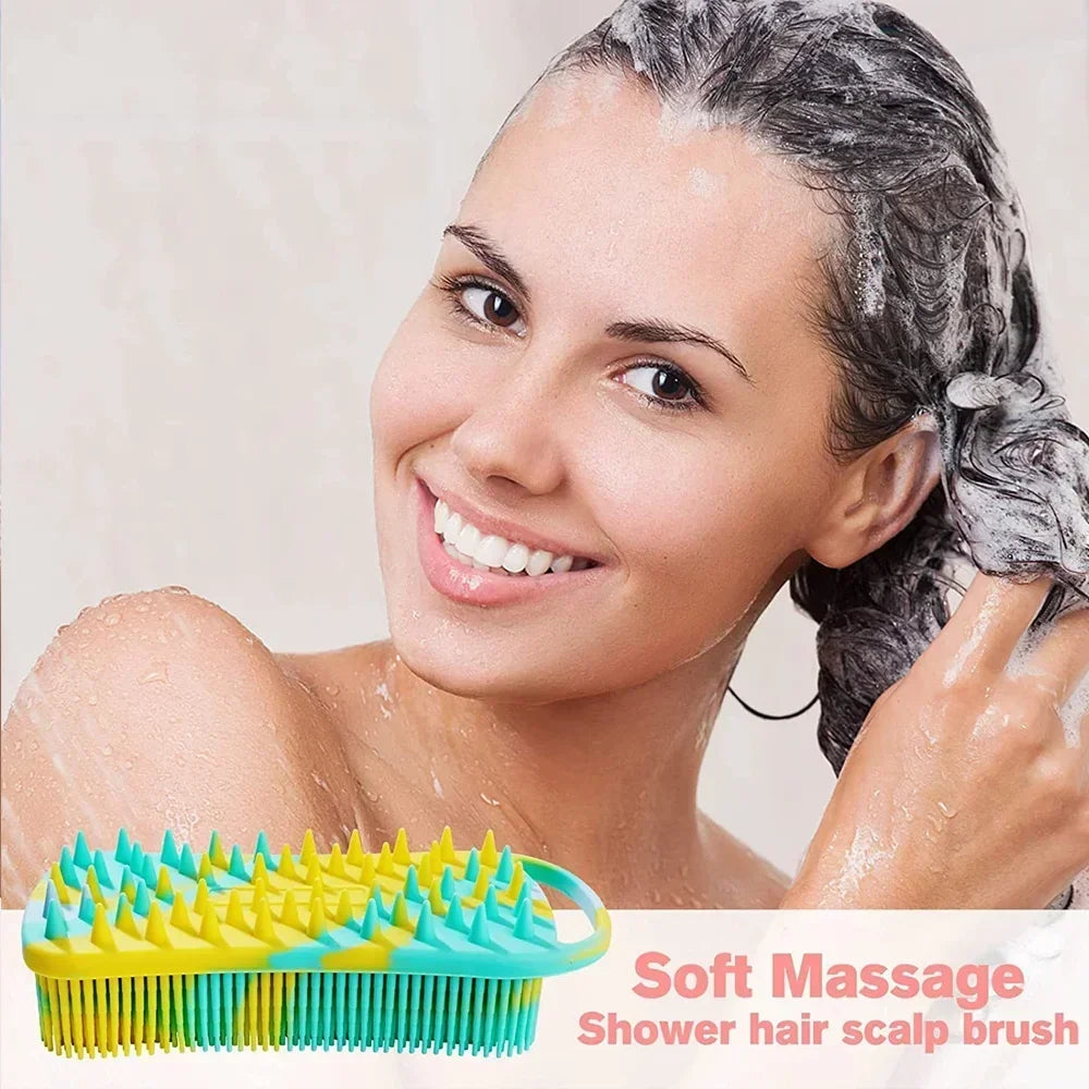 2 in 1 Silicone Shower Brush Scrubber Double-Sided Soft Silicone Scalp Massager Shampoo Body Bath Brushes Foam Skin Clean Tools