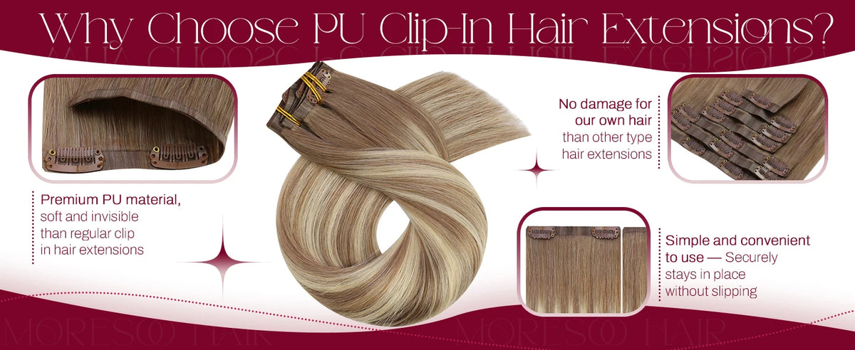 Moresoo Seamless Invisible PU Clip in Hair Extensions 100% Real Human Hair Remy Hair  PU Clip in Extensions 7PCS 105G Full Head