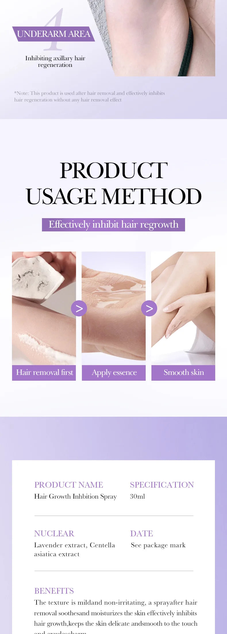 30ml Painless Hair Inhibiting Spray Serum Allantoin Lupine Extract For Underarm Leg Hair Removal Gentle Soothing Daily Body Care