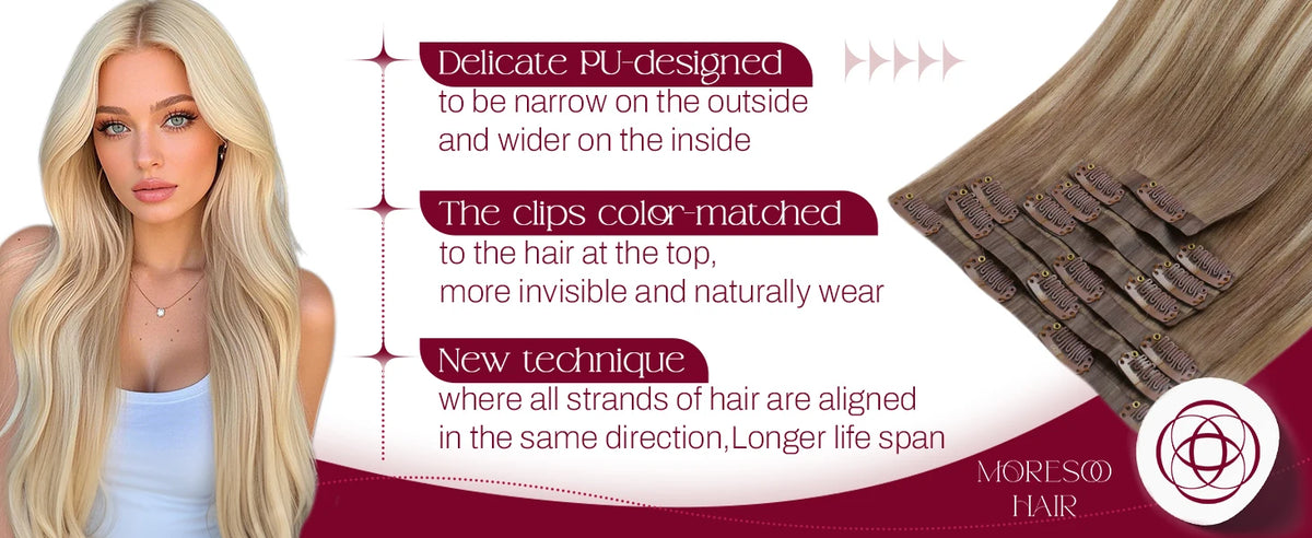 Moresoo Seamless Invisible PU Clip in Hair Extensions 100% Real Human Hair Remy Hair  PU Clip in Extensions 7PCS 105G Full Head