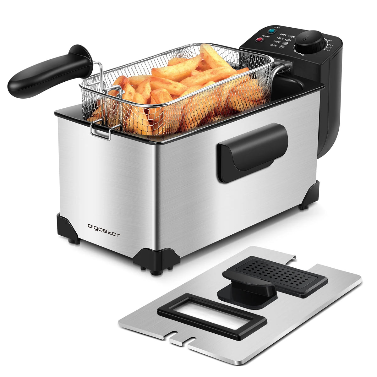 Aigostar Silver Strong Electric Fryer 3L 2200W Stainless Steel, Cooking Appliance For Cooking