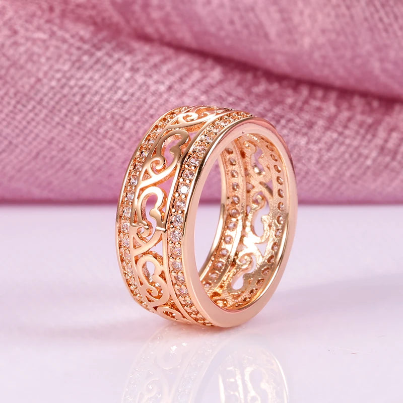 Kinel New Arrivals 585 Rose Gold Ring Double Row Micro-wax Inlay Natural Zircon Hollow Rings Women Wedding Party Fine Jewelry