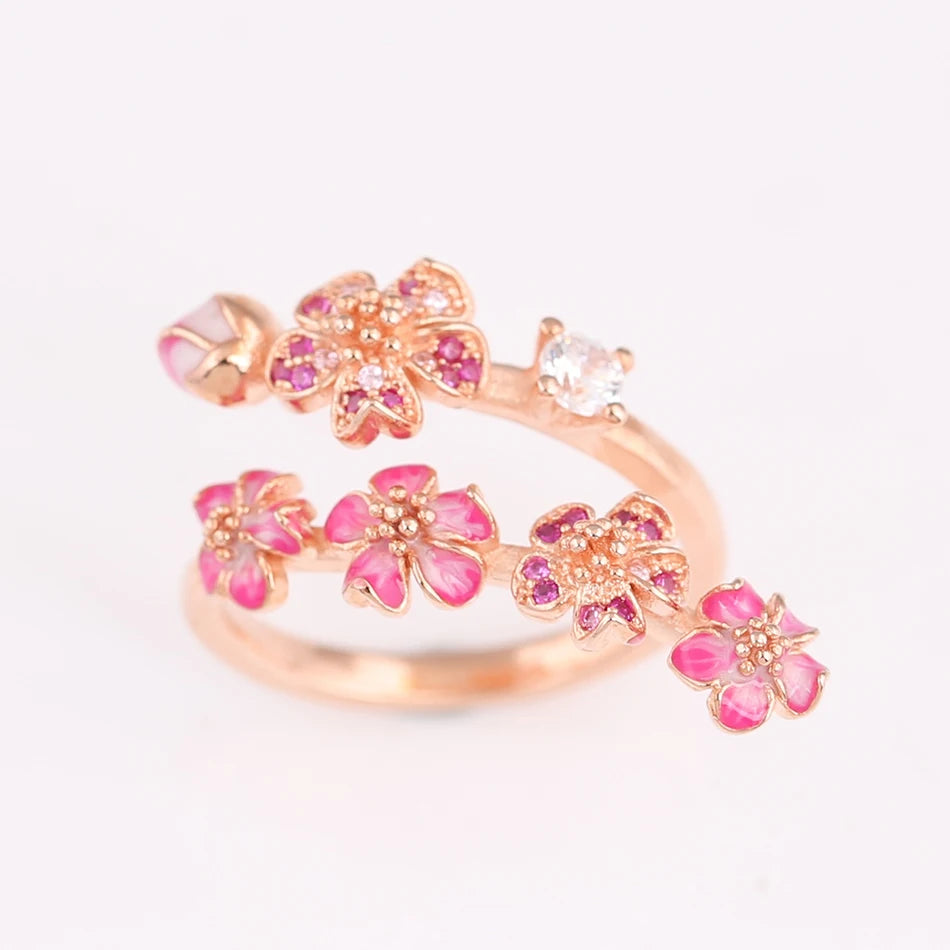 Authentic S925 Silver Rose Enamel Peach Blossom With Crystal Ring For Women Wedding Party Gift fit Lady Fine Jewelry