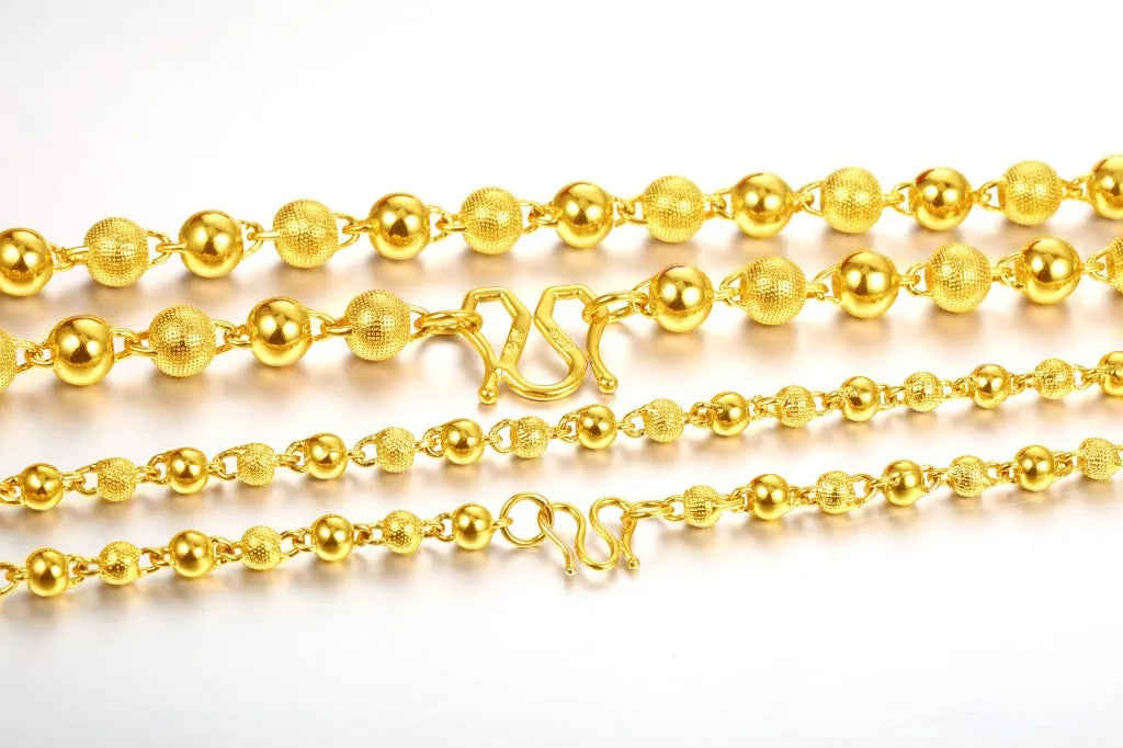 Genuine 18k Gold Color Necklace For men Solid round pearlChain Clavicle Chain Necklace 60cm Single Chain Fine Jewelry