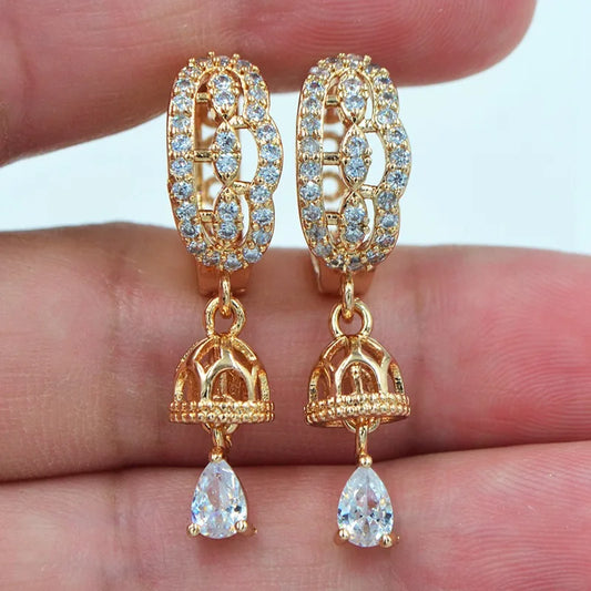 Gold Color Women Fashion Clear CZ Bell Dangle Huggie Hoop Earrings for Wedding