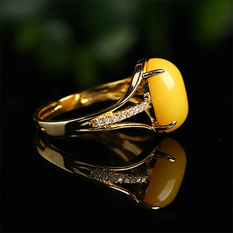 Cellacity Ethnic style Silver  Jewelry Big Oval Yellow Amber Ring for Women Gemstones Opening adjustable Anniversary Gift