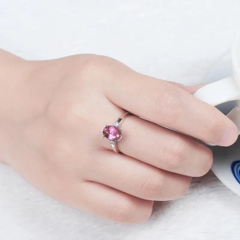 Cellacity classic Sapphire Silver  Ring with oval green/pink/blue gemstone adjust size luxury silver jewelry gift for woman