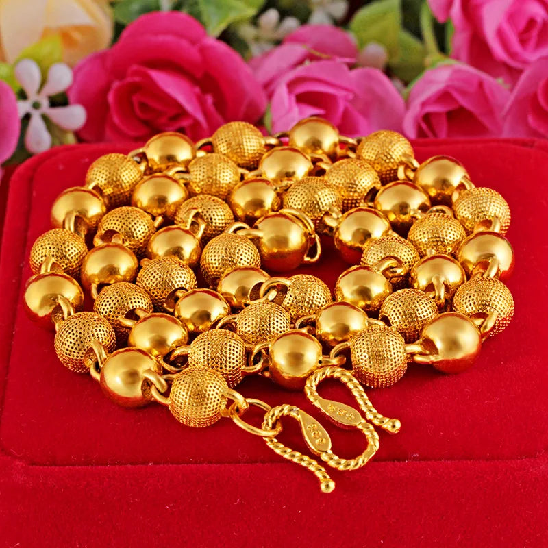 Genuine 18k Gold Color Necklace For men Solid round pearlChain Clavicle Chain Necklace 60cm Single Chain Fine Jewelry