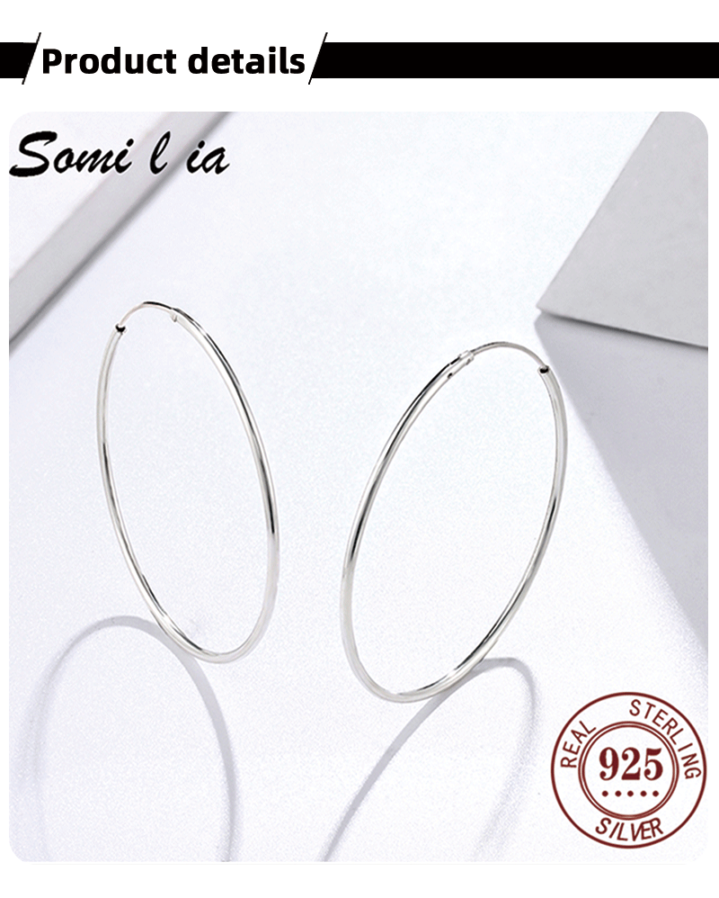 SOMILIA 925 Sterling Silver Platinum Big Hoop Earrings for Women Real Money Jewelry Female Fashion Womens Fine Earrings 10-90mm