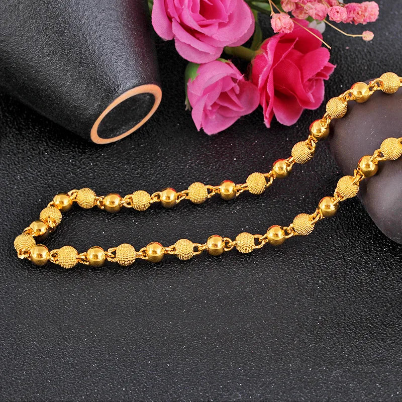 Genuine 18k Gold Color Necklace For men Solid round pearlChain Clavicle Chain Necklace 60cm Single Chain Fine Jewelry