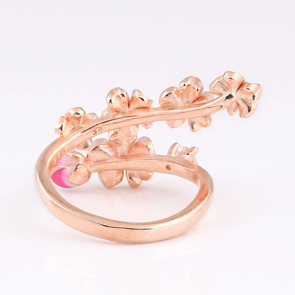 Authentic S925 Silver Rose Enamel Peach Blossom With Crystal Ring For Women Wedding Party Gift fit Lady Fine Jewelry