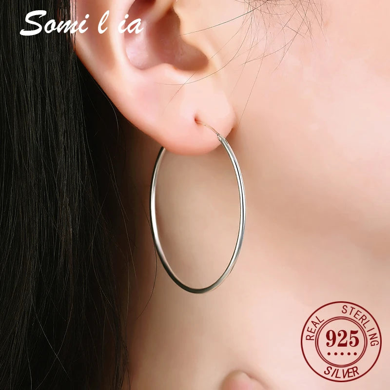 SOMILIA 925 Sterling Silver Platinum Big Hoop Earrings for Women Real Money Jewelry Female Fashion Womens Fine Earrings 10-90mm