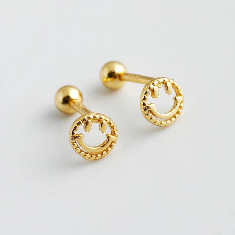 WANTME 925 Sterling Silver Fashion Cute Lucky Smile Screw Bead Piercing Stud Earrings for Women Classic Simple Ear Bone Jewelry