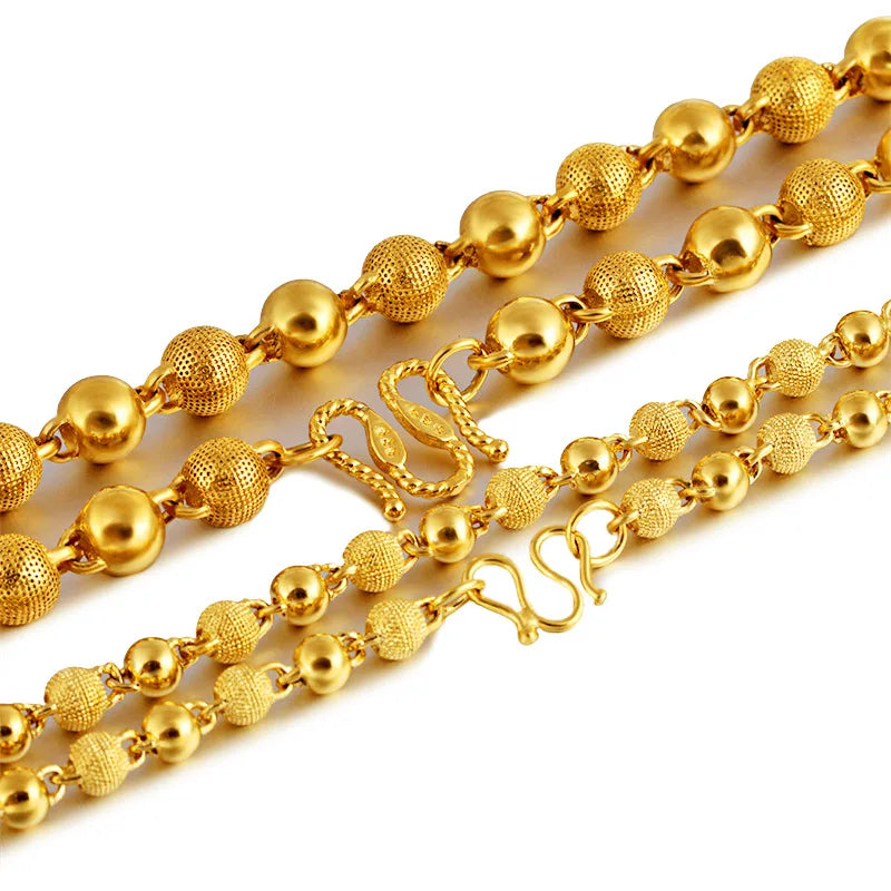 Genuine 18k Gold Color Necklace For men Solid round pearlChain Clavicle Chain Necklace 60cm Single Chain Fine Jewelry