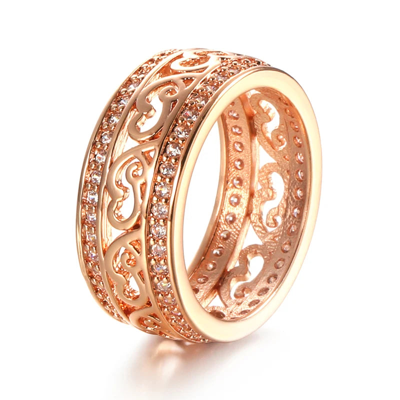 Kinel New Arrivals 585 Rose Gold Ring Double Row Micro-wax Inlay Natural Zircon Hollow Rings Women Wedding Party Fine Jewelry