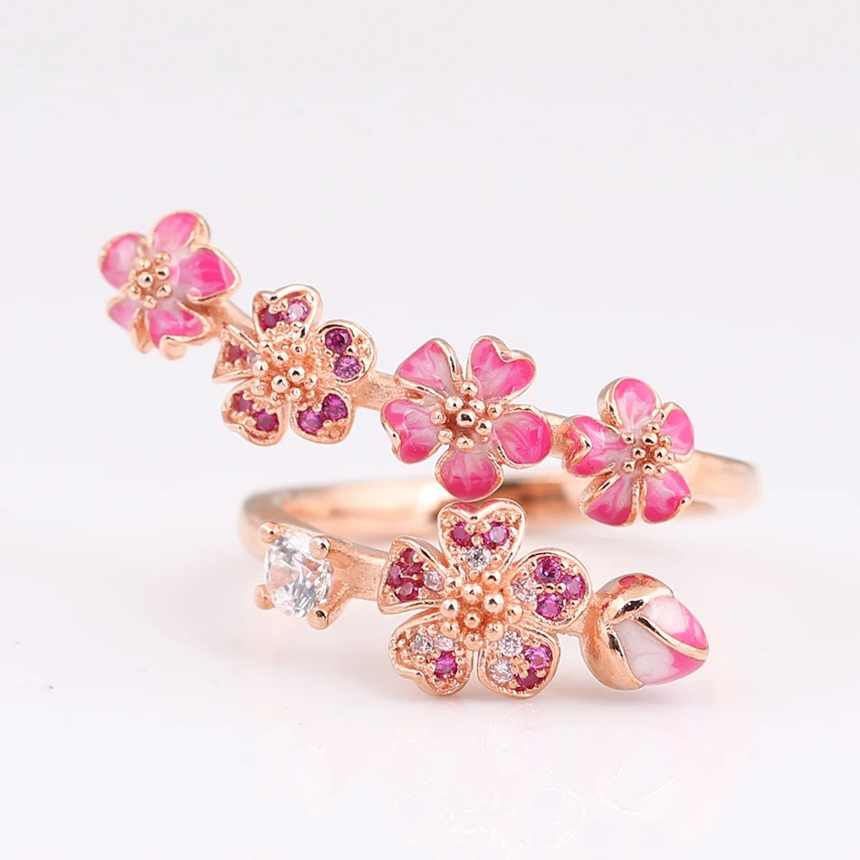 Authentic S925 Silver Rose Enamel Peach Blossom With Crystal Ring For Women Wedding Party Gift fit Lady Fine Jewelry