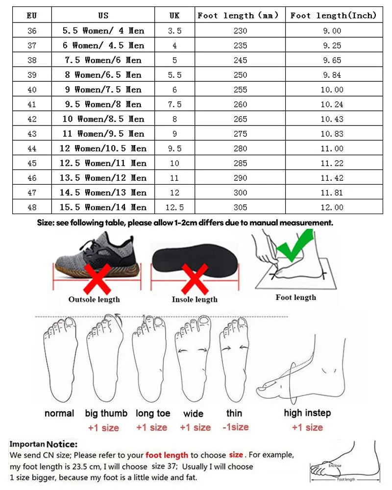 SUADEX Safety Shoes Breathable Steel Toe Boots Anti-smashing Safety Work Shoes Lightweight Men Women Work Sneaker EUR Size 37-48