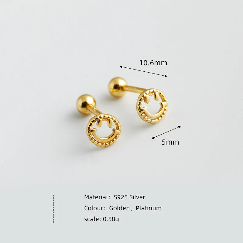 WANTME 925 Sterling Silver Fashion Cute Lucky Smile Screw Bead Piercing Stud Earrings for Women Classic Simple Ear Bone Jewelry