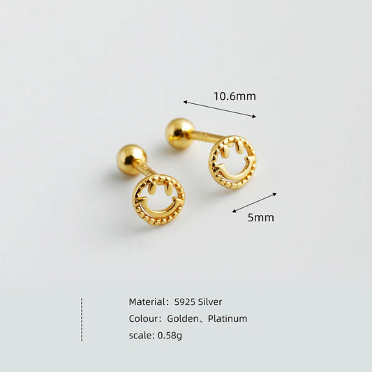 WANTME 925 Sterling Silver Fashion Cute Lucky Smile Screw Bead Piercing Stud Earrings for Women Classic Simple Ear Bone Jewelry